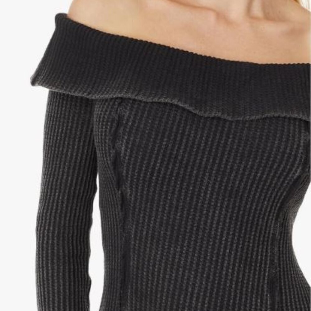 Free People Monty Midi Dress Black Off the Shoulder Long Sleeve Waffle Knit Sml - Picture 3 of 16